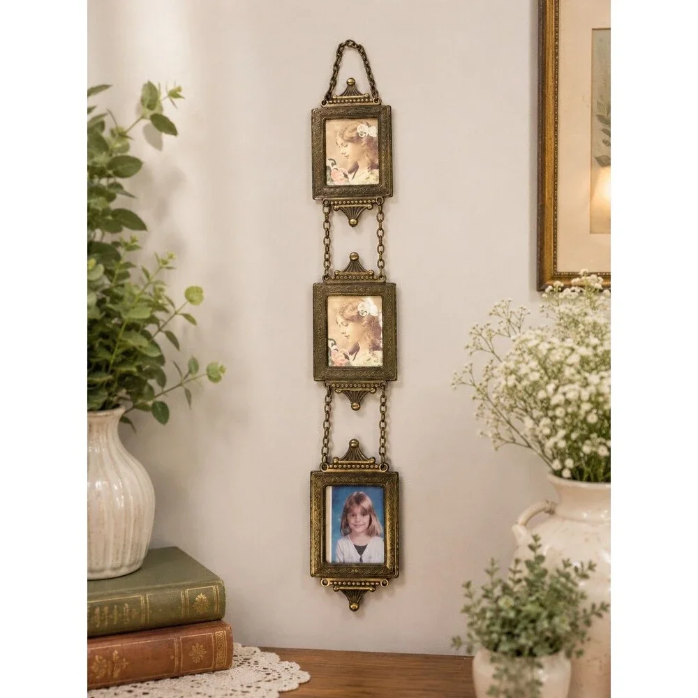 Vintage Brass Finish Triple Hanging Picture Frame Ornate Vertical Chain Photo